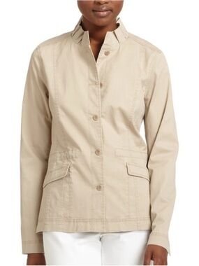 EILEEN FISHER Ruffle Collar Jacket Khaki Cotton Tencel Minimalist L‎